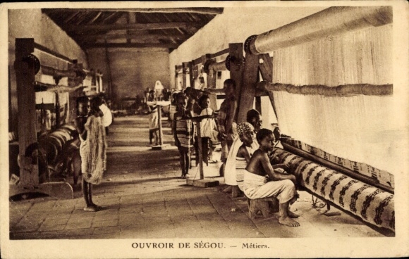 Ak Ségou Mali, Ouvroir, Métiers, tapijtwevers, kinderen, weefgetouwen