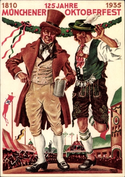 Artist PC Munich, Oktoberfest 1935, 125 years, man in leather trousers, Schuhplattler