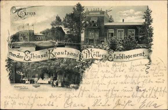 Postcard Elbinsel Krautsand Drochtersen in the district of Stade, Möllers establishment, restaurant, guests