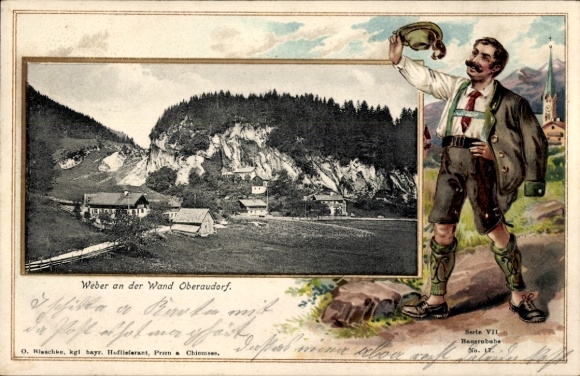 Embossed Postcard Oberaudorf in Upper Bavaria, weaver on the wall, general view