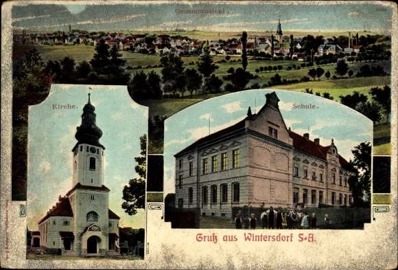 Ak Wintersdorf Meuselwitz in Thüringen, Kirche, Schule