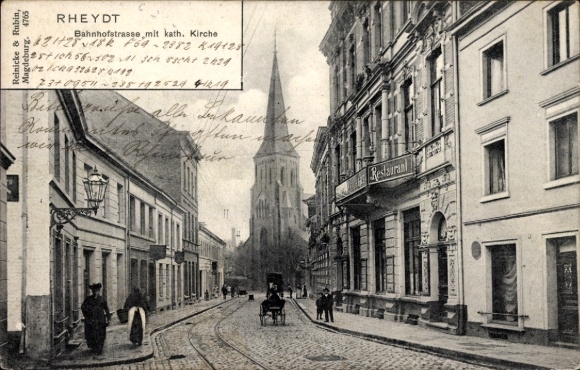 Postcard Rheydt Mönchengladbach on the Lower Rhine, Bahnhofstraße with Catholic Church, Restaurant