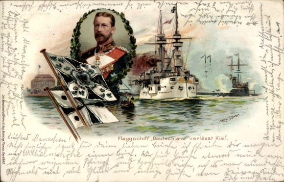 Kunstenaar litho Stöwer, Willy, Duits oorlogsschip, SMS Deutschland, Vlaggenschip, prins Heinrich