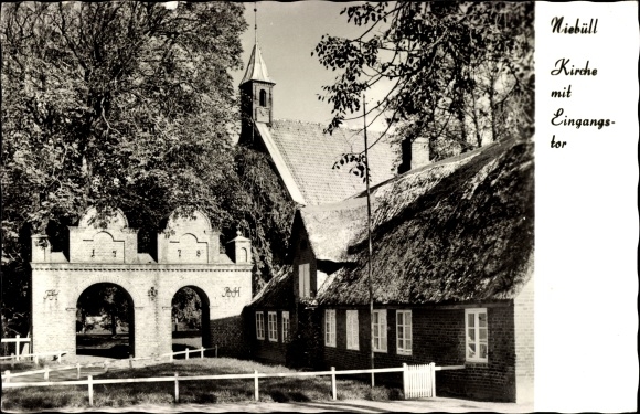 Postcard Niebüll in North Friesland, church with entrance gate, station hotel Niebüll