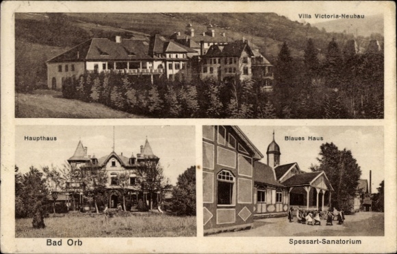 Postcard Bad Orb in Spessart Hesse, Villa Victoria-New Building, Main House, Blue House, Spessart Sanatorium
