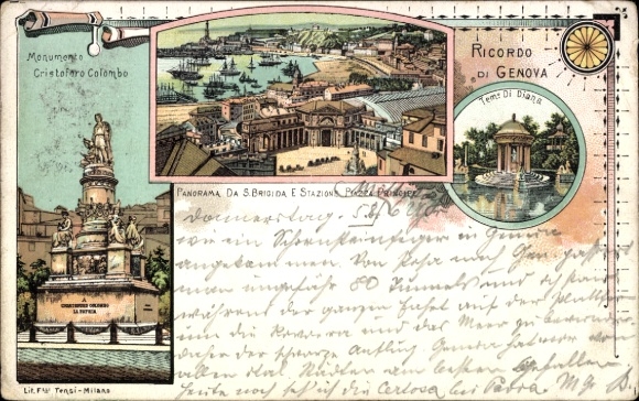 Litho Genova Genua Liguria, Panorama, Monumento Cristoforo Colombo