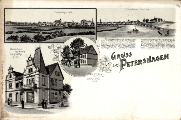 Chromo-Litho Petershagen on the Weser, department store of the Georg Lange company, panorama in 1898