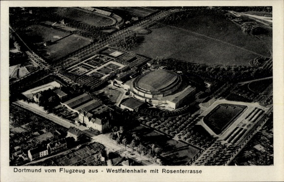 Ak Dortmund im Ruhrgebiet, Fliegeraufnahme, Westfalenhalle, Rosenterrasse