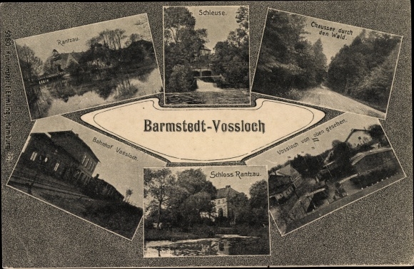 Ansichtkaart Vossloch bij Barmstedt Bokholt Hanredder Sleeswijk-Holstein, kasteel Rantzau, treinstation, sluis