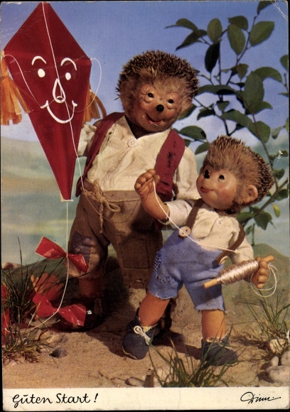 Postcard Mecki the hedgehog flying a kite, have a good start