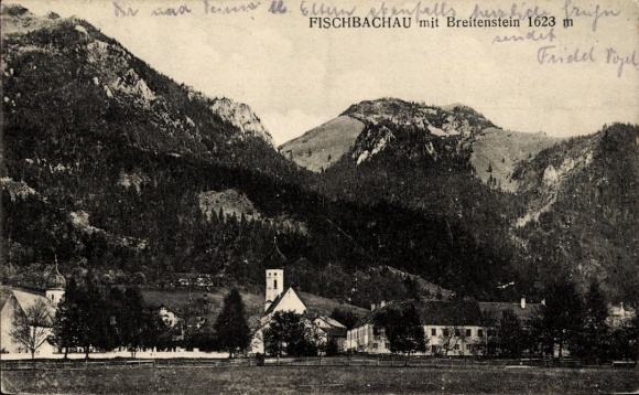 Postcard Fischbachau in Upper Bavaria, Breitenstein, mountains, church,