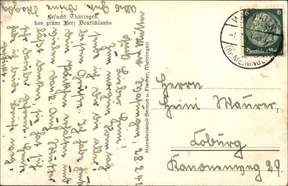 Postcard Wasungen in the Thuringian Forest, general view, street section, passers-by