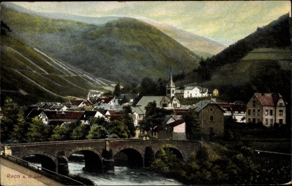 Postcard Rech ad Ahr, panorama, bridge, church tower