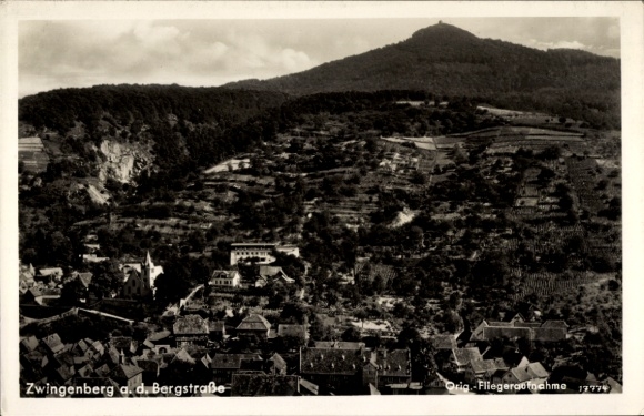 Postcard Zwingenberg on the Bergstraße in Hesse, aerial view of Zwingenberg, Melibokus, Protestant recreation