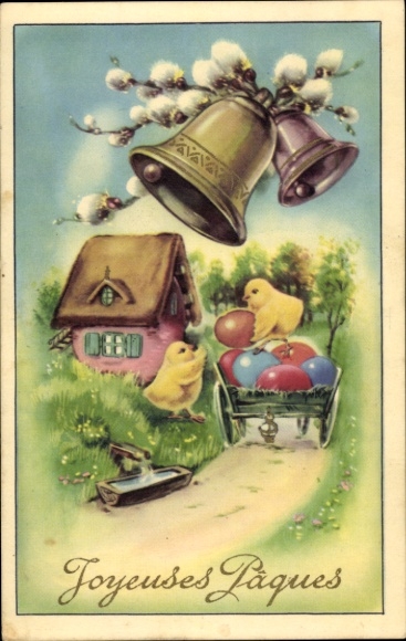 Ak Glückwunsch Ostern, Glocken, Weidenkätzchen, Küken, Ostereier, Wohnahaus