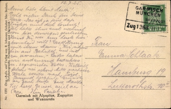 Postcard railway postmark Garmisch-Munich train 1368