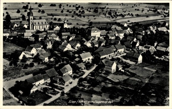 Postcard Sien an der Nahe, aerial photograph, view of houses, church, rural surroundings