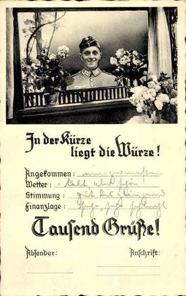 Ak In der Kürze liegt die Würze, Wehrmachtsoldat am Fenster, Blumen, Feldpostkarte