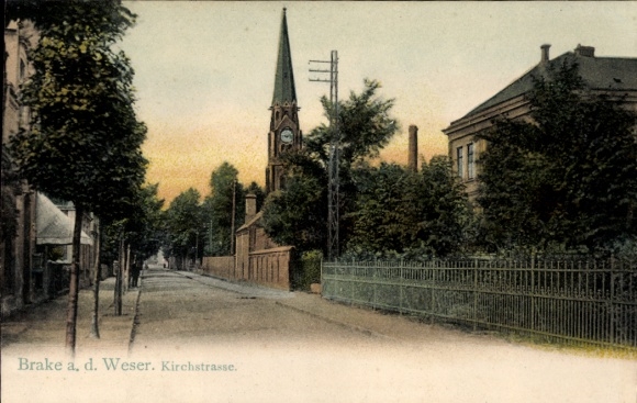 Postcard Brake on the Weser, church tower, avenue, houses, quiet street,