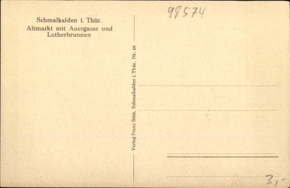 Postcard Schmalkalden in the Thuringian Forest, Old Market with Auergasse and Luther Fountain