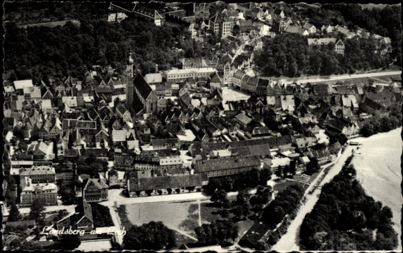 Postcard Landsberg am Lech Upper Bavaria, aerial photograph, buildings, cityscape, river, trees