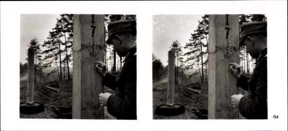 Stereo spatial image photo &quot;The Fuhrer&#39;s Soldiers in the Field&quot;, No. 64, border post, demarcation line