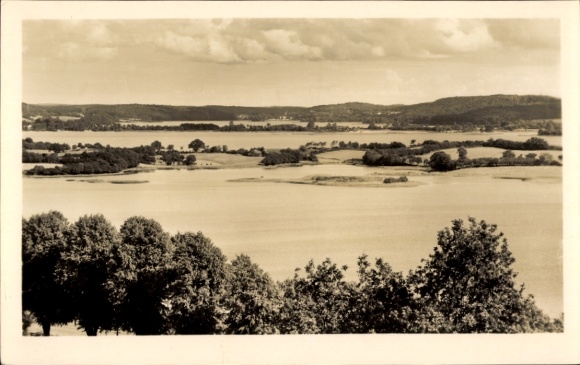 Ak Plön am See Holstein, Seelandschaft, Bäume im Vordergrund, Wolken am Himmel