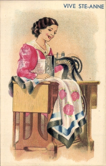 Artist Postcard Long live Saint Anne, seamstress at sewing machine