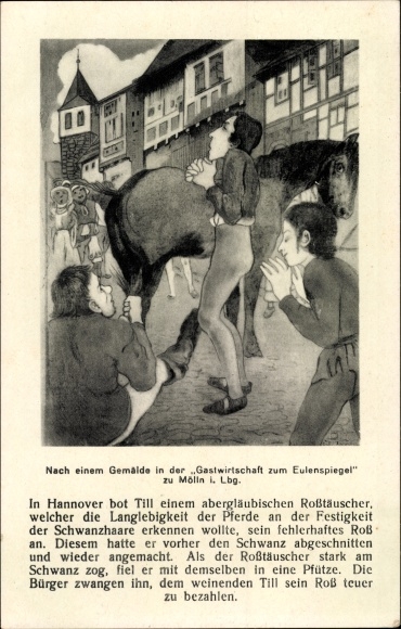 PC Mölln in the Duchy of Lauenburg, city view, horse, paintings in the restaurant zum Eulenspiegel