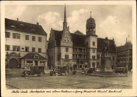 Postcard Halle an der Saale, market square, old town hall, George Frideric Handel monument, cars