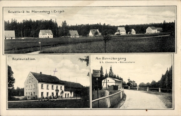 Postcard Gelobtland Marienberg in the Ore Mountains Saxony, restoration, railway crossing