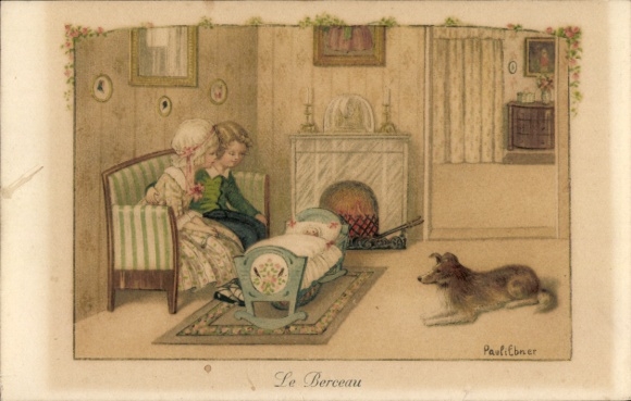 Kunstenaar Ak Ebner, P., Kinderen als ouders, baby, hond