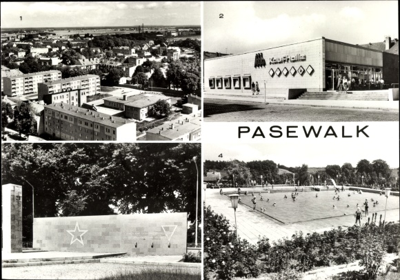Postcard Pasewalk in Mecklenburg Western Pomerania, Lindenbad, HO department store in the middle, memorial in the Lenin grove