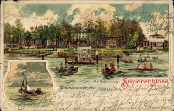 litho Berlin Köpenick Schmöckwitz, Restaurant Seglerschloss, zeilboot, roeiboten