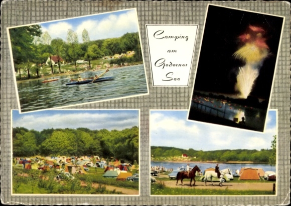 Postcard Gedern in Hesse, camping at Goderner See, tents, people, lake, rowing boat, trees