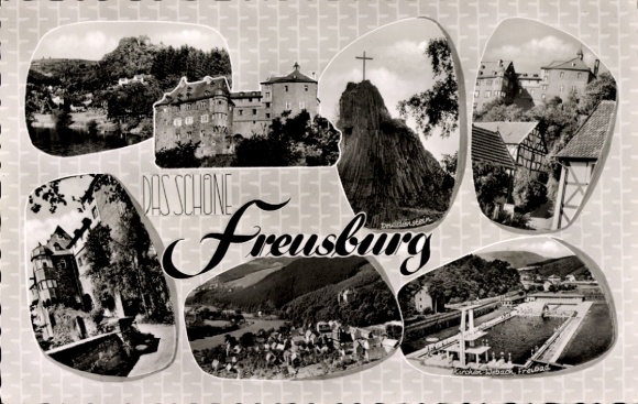 Postcard Freusburg Kirchen an der Sieg, youth castle, swimming pool, cross, partial view, Gasthof Ache