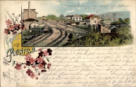 Litho Pleinfeld Mittelfranken, Bahnstrecke, Häuser, Schornstein, Bahnhof