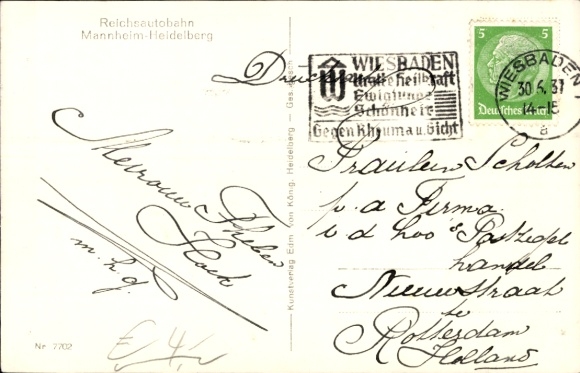 Postcard Reichsautobahn Mannheim Heidelberg