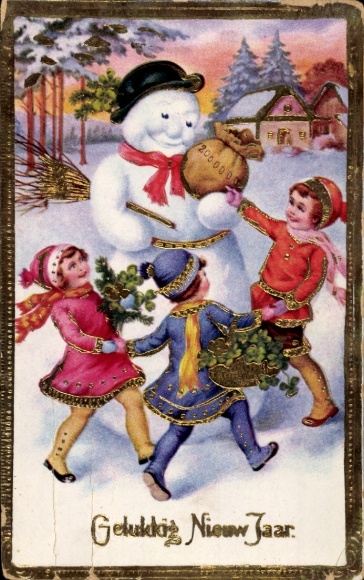 Präge Ak Neujahr, Kinder, Schneemann, Geldsack, Klee