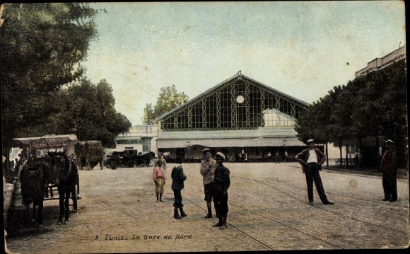 Postcard Tunis Tunisia, La Gare du Nord, train station, street side