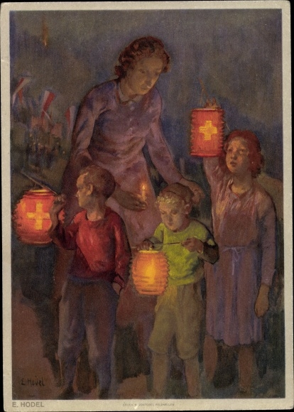 Artist Postcard Hodel, E., Swiss national celebration 1947, children, lanterns, fight against cancer