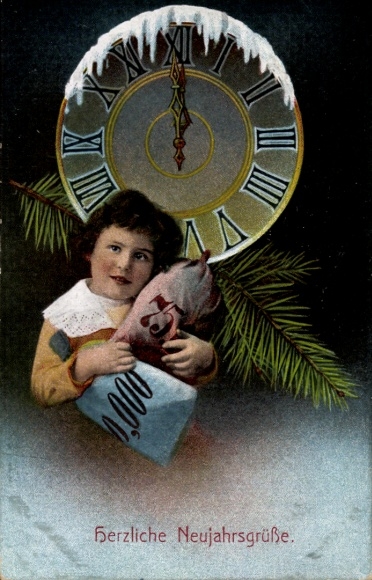 Ak Neujahr, Uhr, Kind mit Geldsäcken