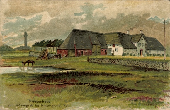 Ak Eiland Sylt in Noord-Friesland, Fries huis, megalithisch graf op de achtergrond, landschap met weide en W