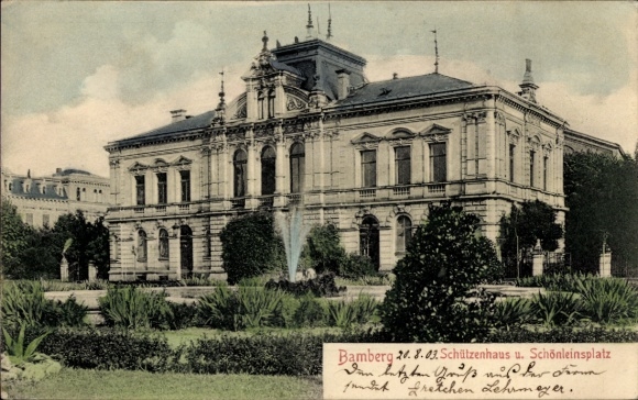 Postcard Bamberg in Upper Franconia, Schützenhaus, Schönleinsplatz, fountain, garden