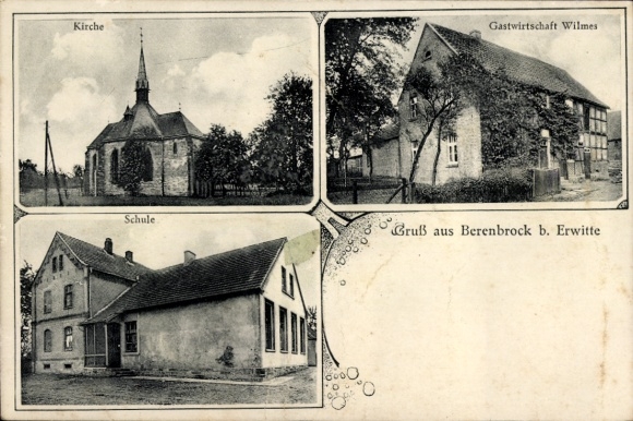Postcard Berenbrock Lüdinghausen Münsterland, Church, Inn Wilmes, School, Greetings from Berenbroc