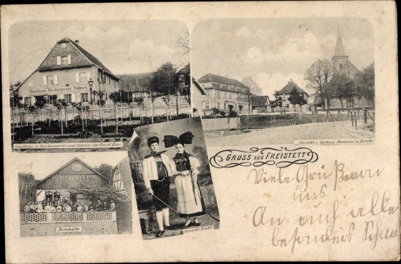 Ak Freistett Rheinau in Baden, Gasthaus zum Salmen, Bes. David Haus, Rathaus, Kirche, Volkstrachten
