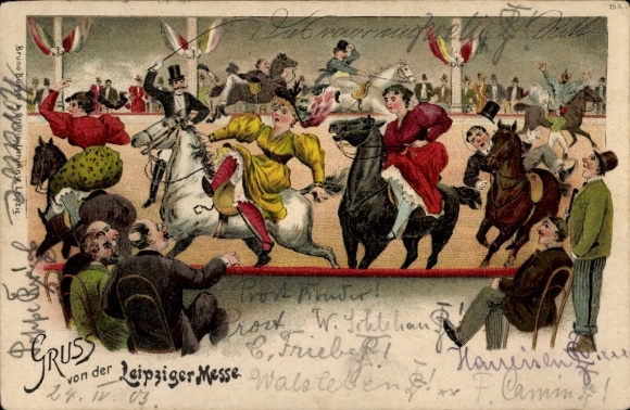 Chromo-Litho Leipzig Fair, riders, spectators, circus