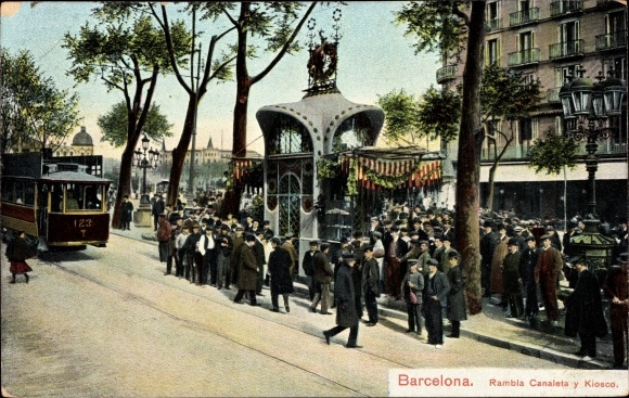 Postcard Barcelona Catalonia, Rambla Canaleta y Kiosco, tram 123