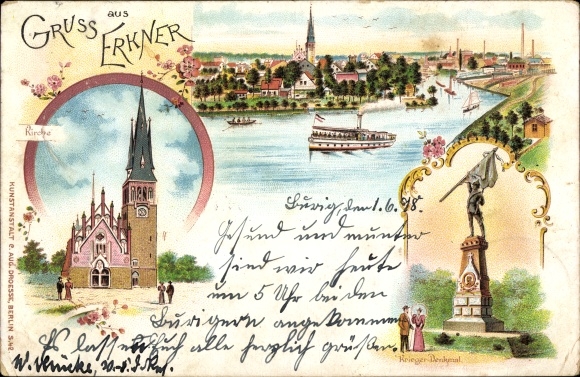 Litho Erkner in Brandenburg, Kirche, Kriegerdenkmal, Blick auf den Ort