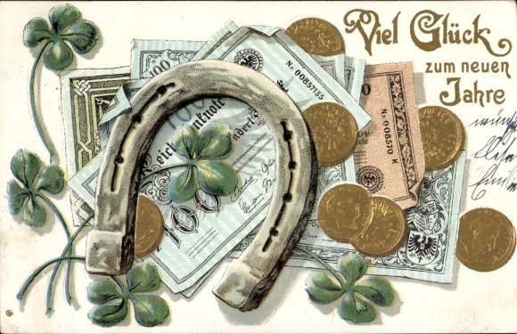 Embossed Postcard Congratulations Birthday, Horseshoe, Banknotes, Coins, Clover Leaves
